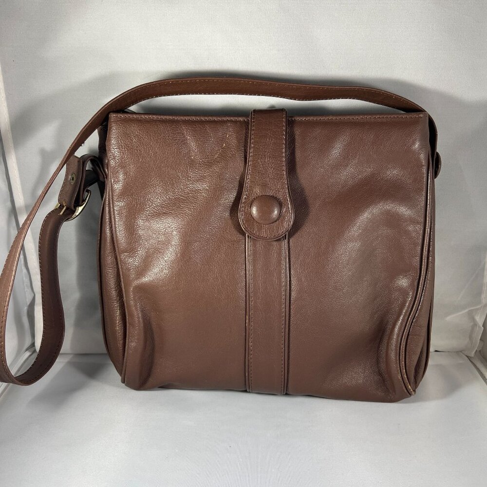 Vintage Brown Genuine Leather Shoulder Bag With Button Closure & Adjustable Stra